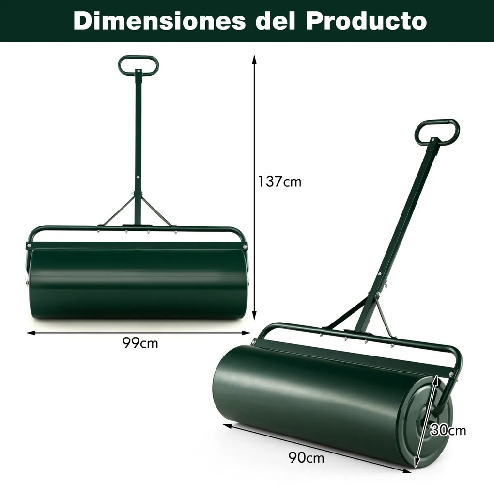 Rolo para relva metálico 63L Ø30cm cheio de água/areia empurrado/puxado/enrolado com pega amovível Verde