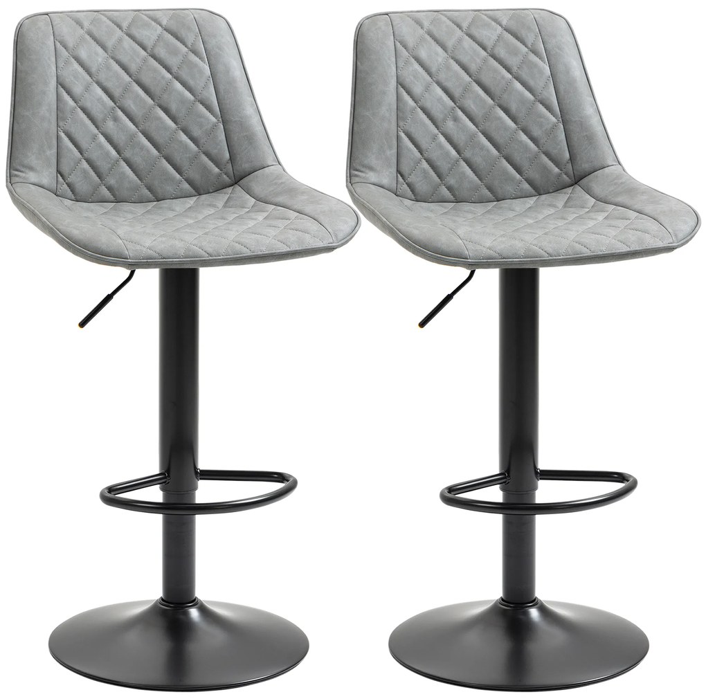 HOMCOM Conjunto de Bancos de Bar Estofados em PU Bancos Altos de Sala de Jantar com Altura Ajustável 46,5x51x86-106 cm Cinzento | Aosom Portugal