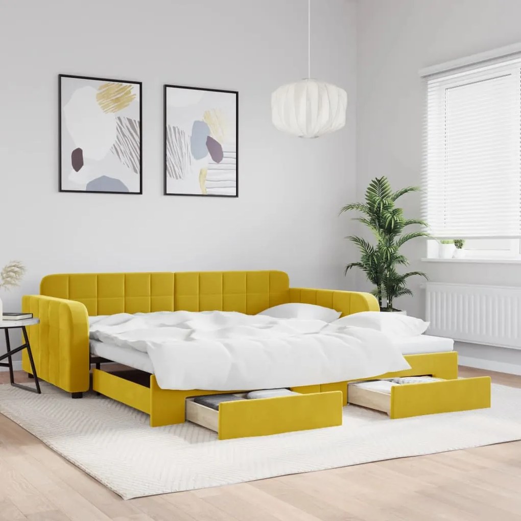 Sofá-cama com gavetão e gavetas 100x200 cm veludo amarelo