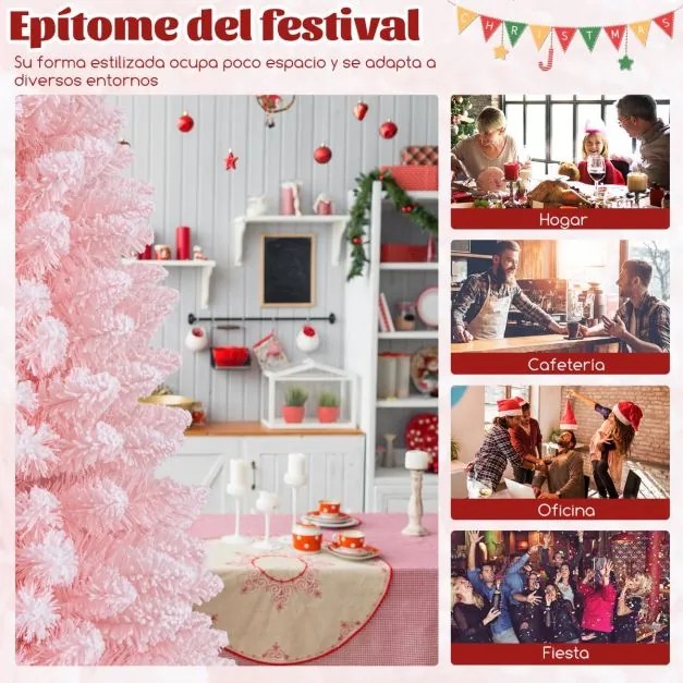 Árvore de Natal artificial de 180 cm com neve e 460 ramos Base metálica dobrável Decoração em forma fina para casa e escritório Rosa