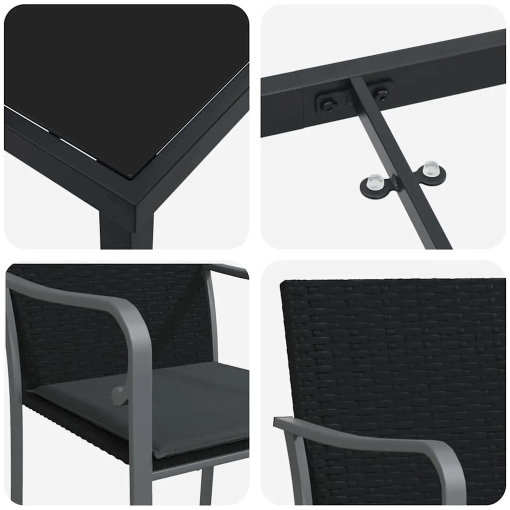 Conjunto de Jantar de Jardim com Almofadas - Rattan Preto e Polipropil