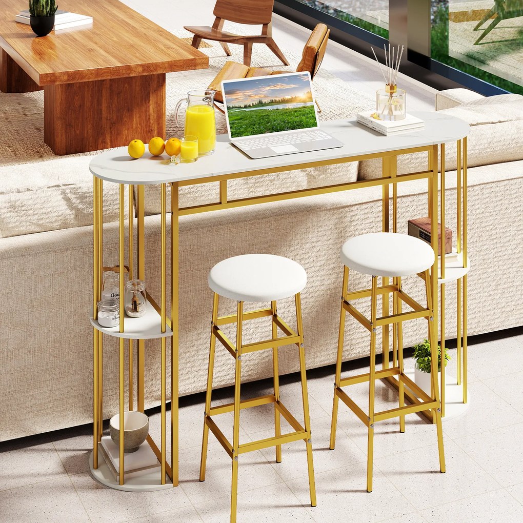 Mesa de bar alta retangular 150 x 40 x 105 cm (BANCOS NÃO INCLUIDOS) com estantes de arrumação, estrutura metálica e tampo em imitação mármore; consol