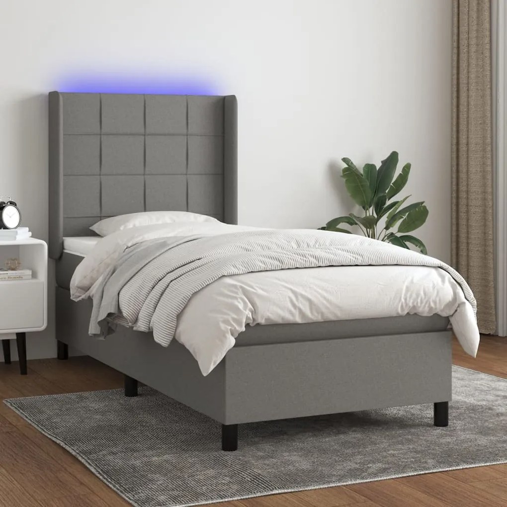 Cama box spring c/ colchão e LED 90x200 cm tecido cinza-escuro