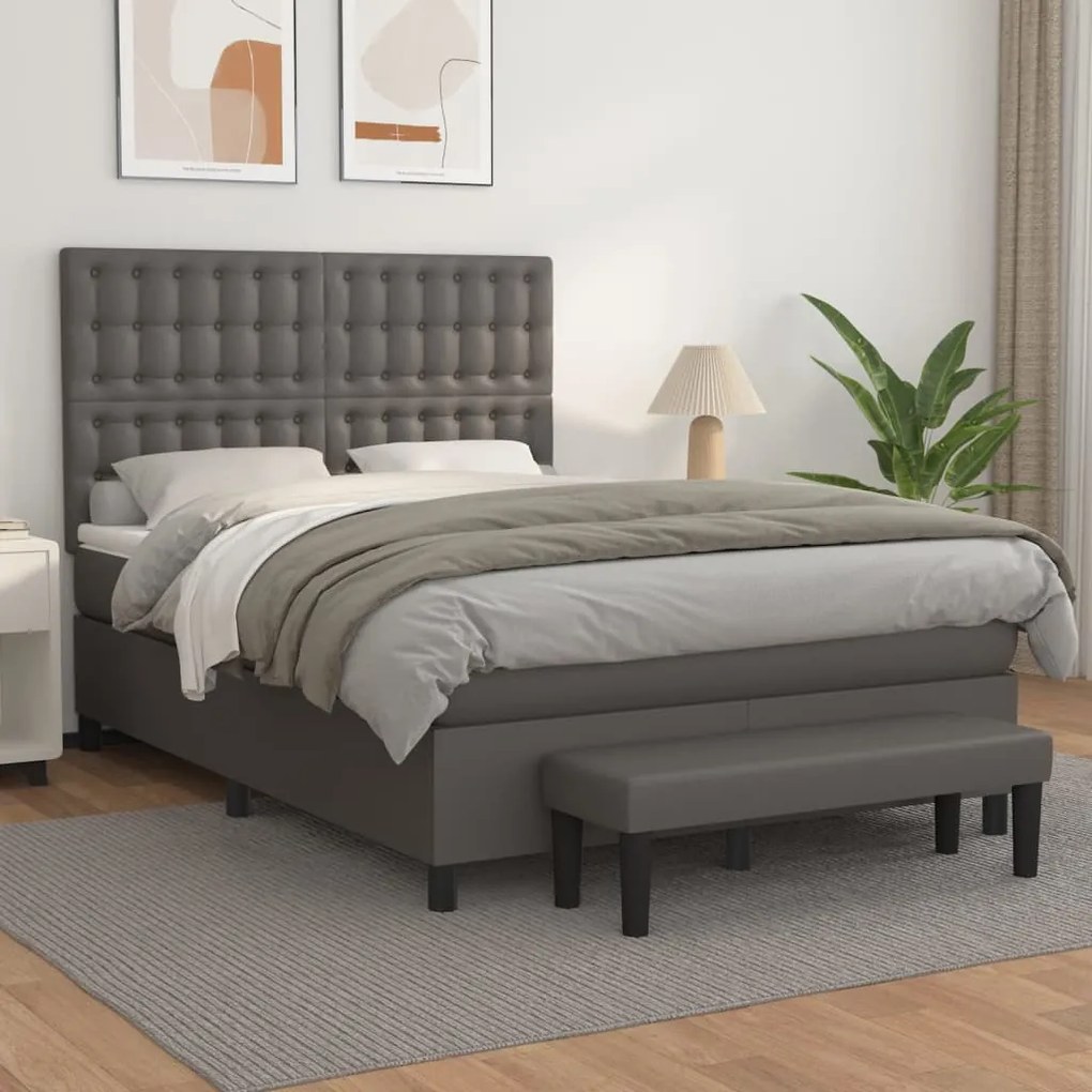 vidaXL Cama com molas/colchão 140x190 cm couro artificial cinzento