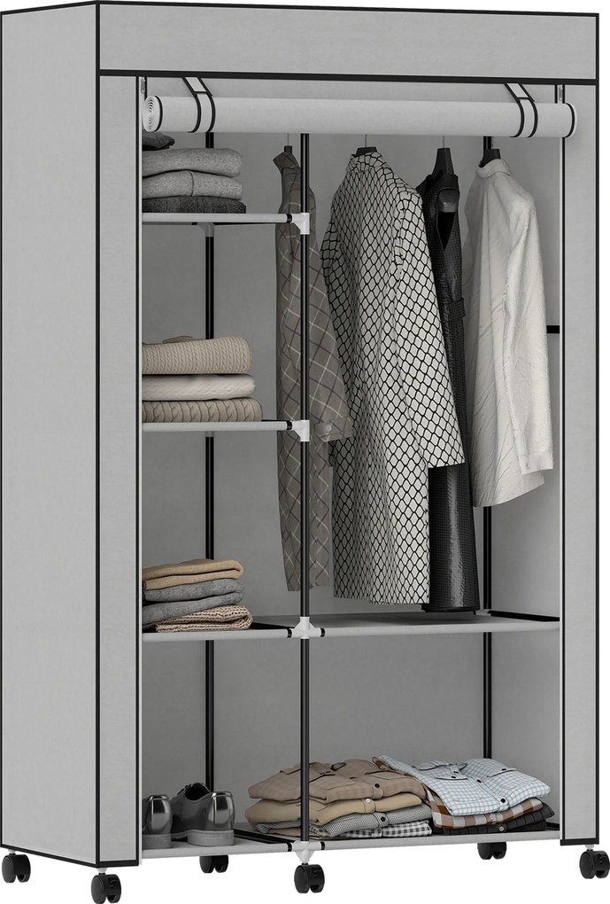 Guarda roupa em tecido, móvel de arrumação com 6 rodas, varão para roupa e prateleiras abertas, 103 x 43 x 162,5 cm, cinzento