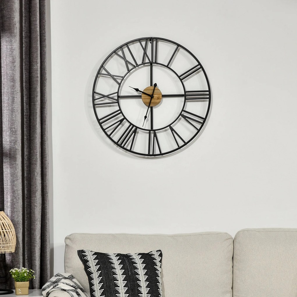 Relógio de Parede Silencioso de Ø60 Relógio de Parede de Metal e Madeira com Números Romanos sem Tique-Taque Funciona com Pilhas Estilo Vintage Decora