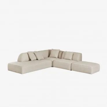 Sofá Modular De Canto Em 3 Peças Com Chaise Longue À Esquerda E Puff Estofado Cardea Bouclé Bege Creme - Sklum