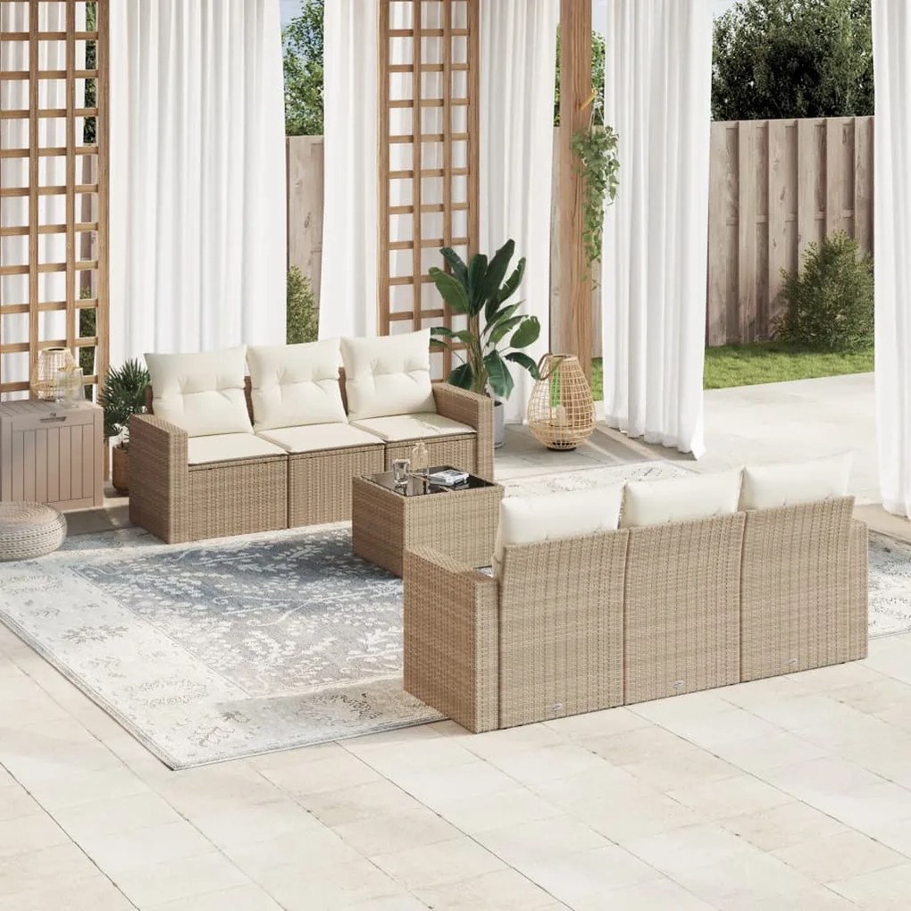7 pcs conjunto de sofás p/ jardim com almofadões vime PE bege
