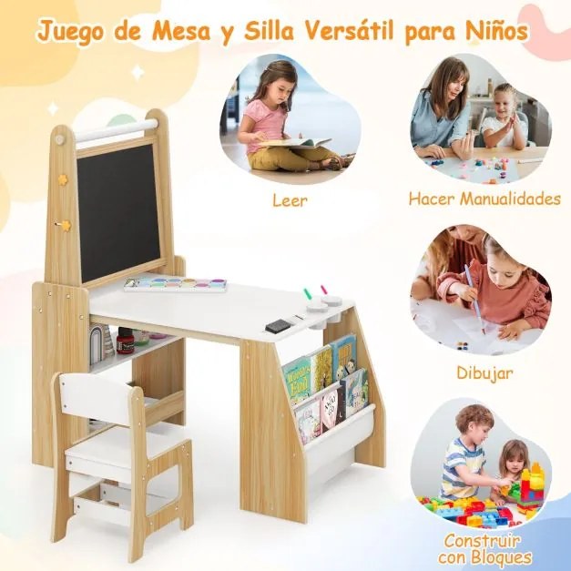 Conjunto de mesa e cadeira para crianças com 2 quadros, rolo de papel, copos para tinta, cavalete e cadeira multifuncional cor natural e branca