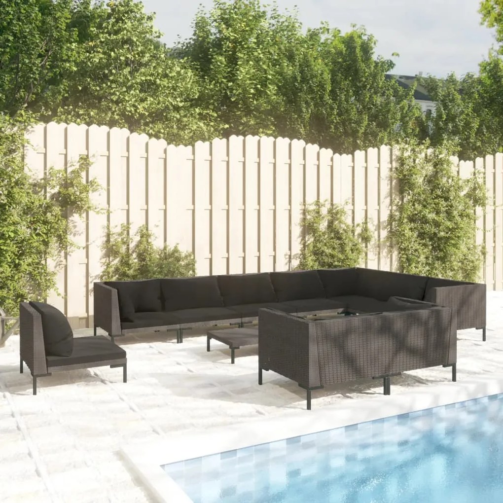 vidaXL 11 pcs conj. lounge jardim c/ almofadões vime PE cinza-escuro