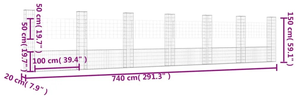 Cesto gabião em forma de U c/ 7 postes 740x20x150 cm ferro