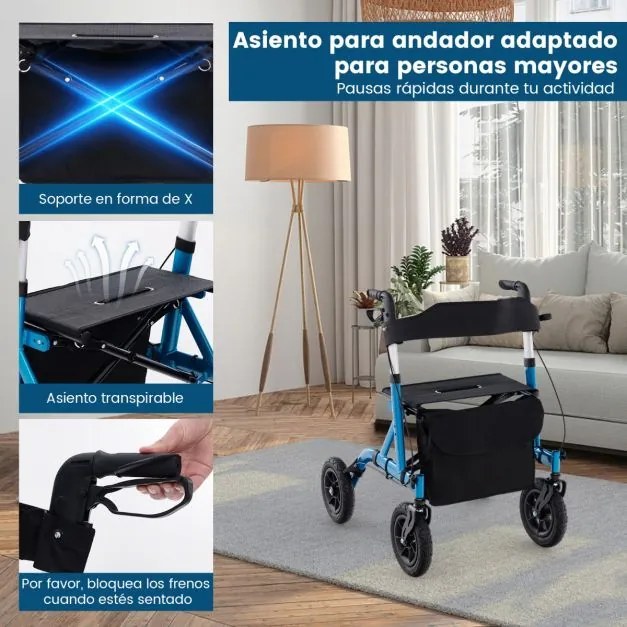 Andarilho dobrável para idosos com assento 24 cm Rodas pneumáticas todo-o-terreno Saco de arrumação Carga 160 kg Azul