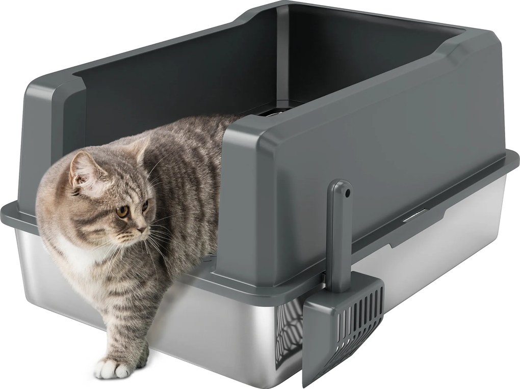 Caixa de areia para gatos em aço inoxidável de 85 L, de grande capacidade, com casa de higiene semi-fechada, 71 x 50,8 x 35,5 cm, cinzenta