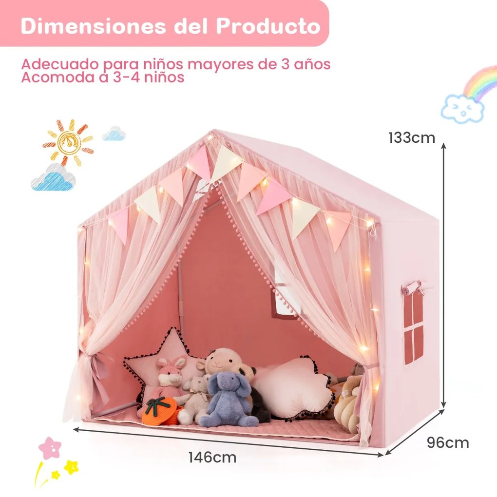 Tenda infantil com 2 cortinas de tecido e rede, luzes de estrelas, 2 janelas respiráveis e almofada de algodão rosa