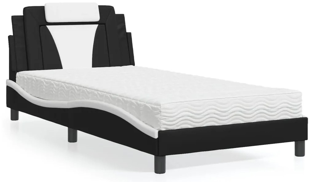 Cama com colchão 100x200 cm couro artificial preto e branco