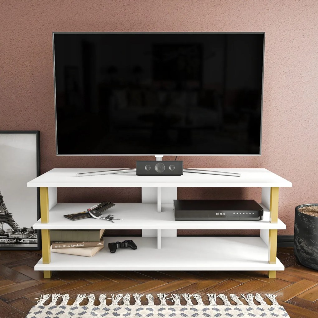 Móvel TV Pueblo – Ouro e Branco – 120 cm x 44,6 cm x 47,4 cm