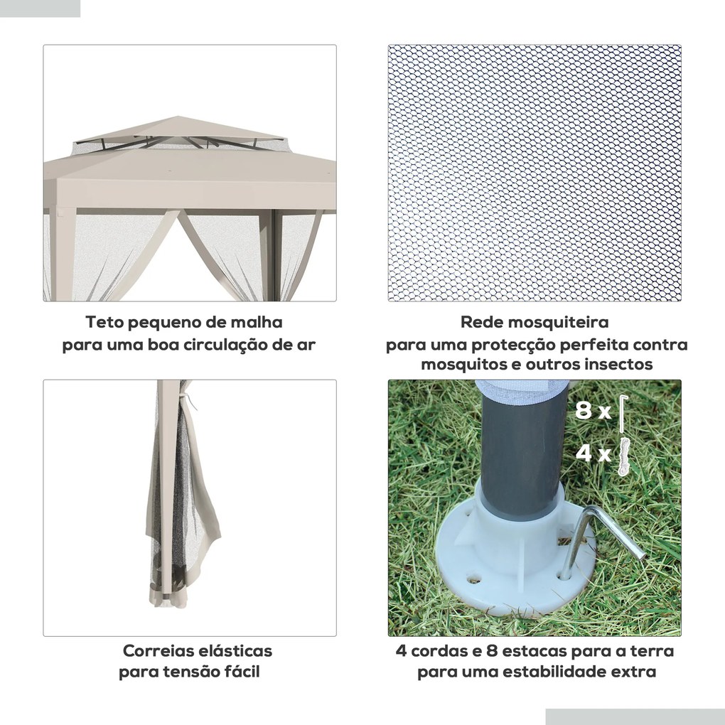 Pérgola de Jardim 297x297x268 cm com Redes Mosquiteiras Laterais com Fecho de Correr Teto de Ventilação e 8 Orifícios de Drenagem Bege