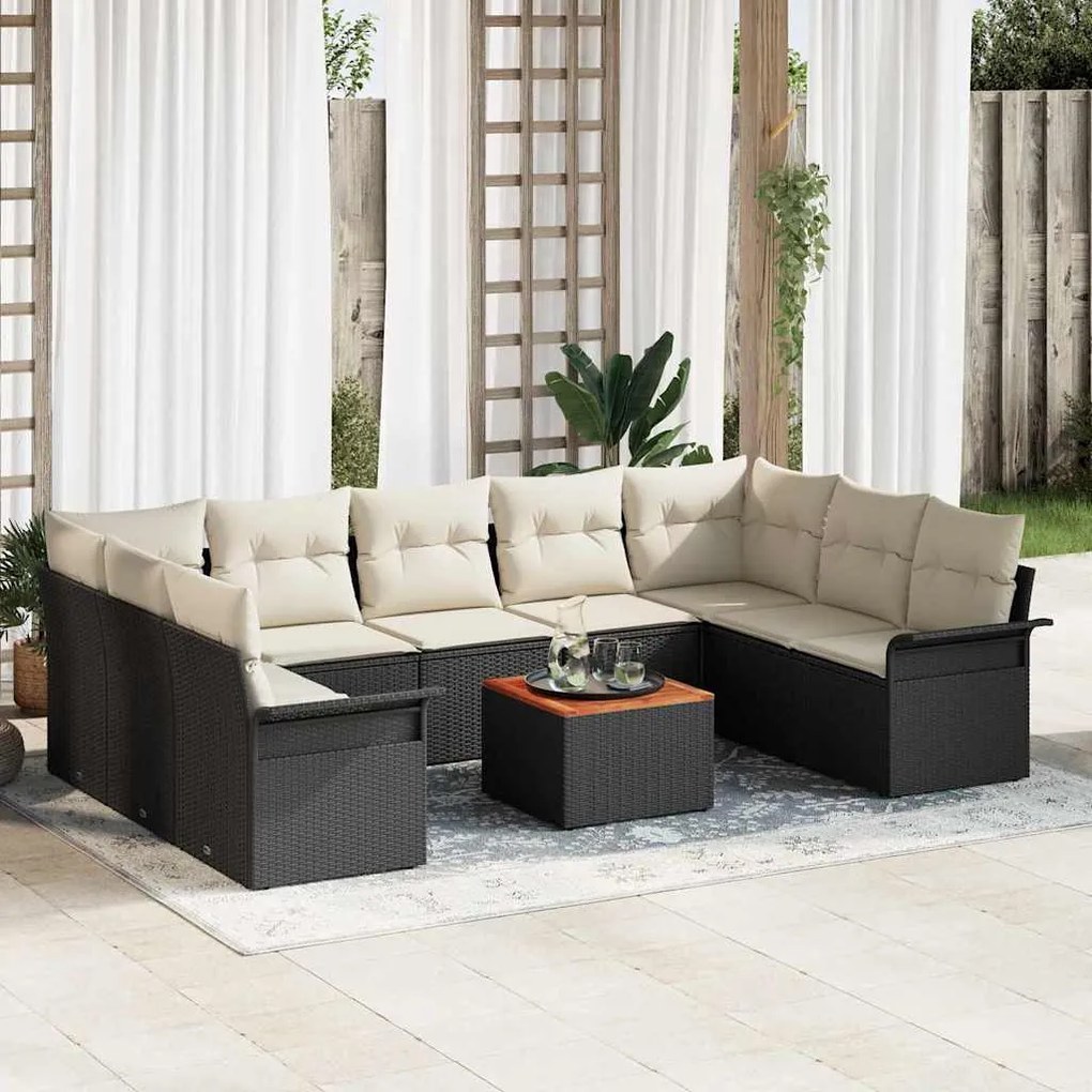 Conjunto de Sofá de Jardim de 10 peças com Almofadas Pretas em Rattan