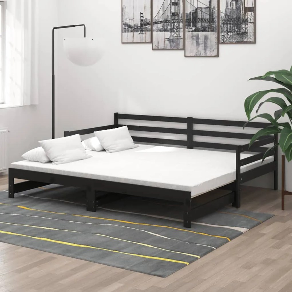 vidaXL Estrutura sofá-cama de puxar 2x(90x200) cm pinho maciço preto