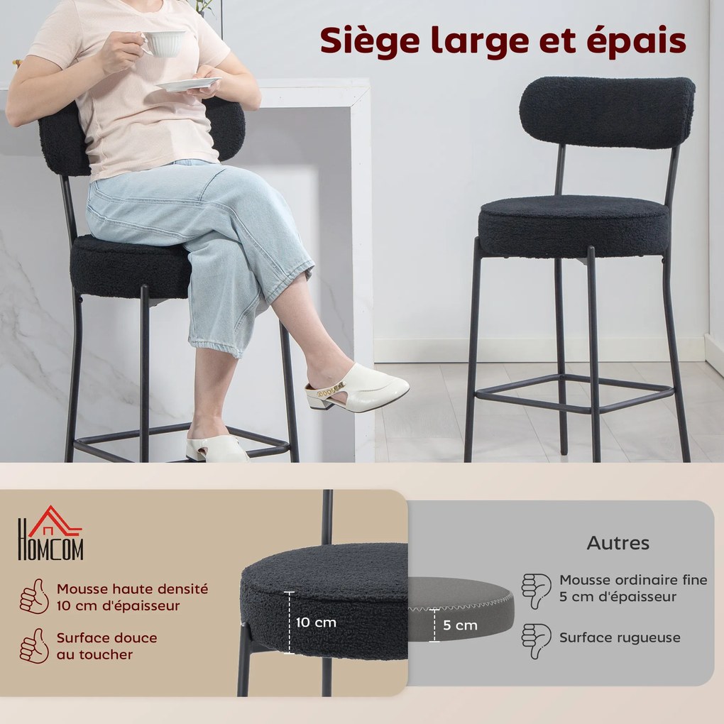Conjunto de 2 bancos de bar em tecido felpudo, bancos de bar com encosto curvo e apoio para os pés, 49 x 52 x 95 cm, preto