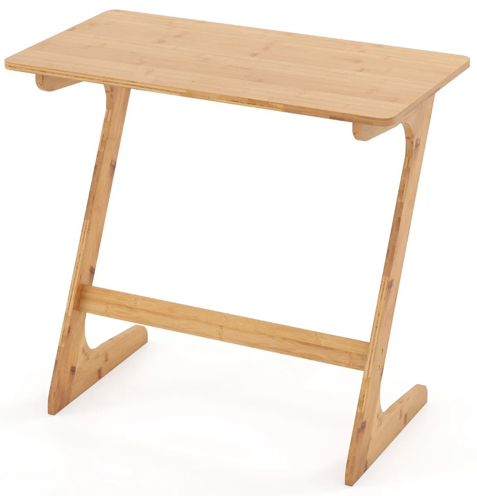 Mesa Auxiliar de Bambu para Sofá 75 cm x 40 cm x 70 cm com Ampla Superfície Secretária para Portátil que Economiza Espaço Montagem Rápida de Aperitivo