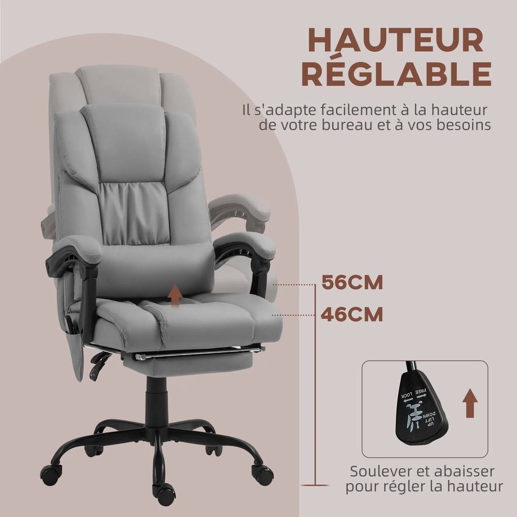 Cadeira de escritório com função de massagem, apoio para os pés, altura ajustável, encosto reclinável, comando com fio e rotação de 360° cinzento