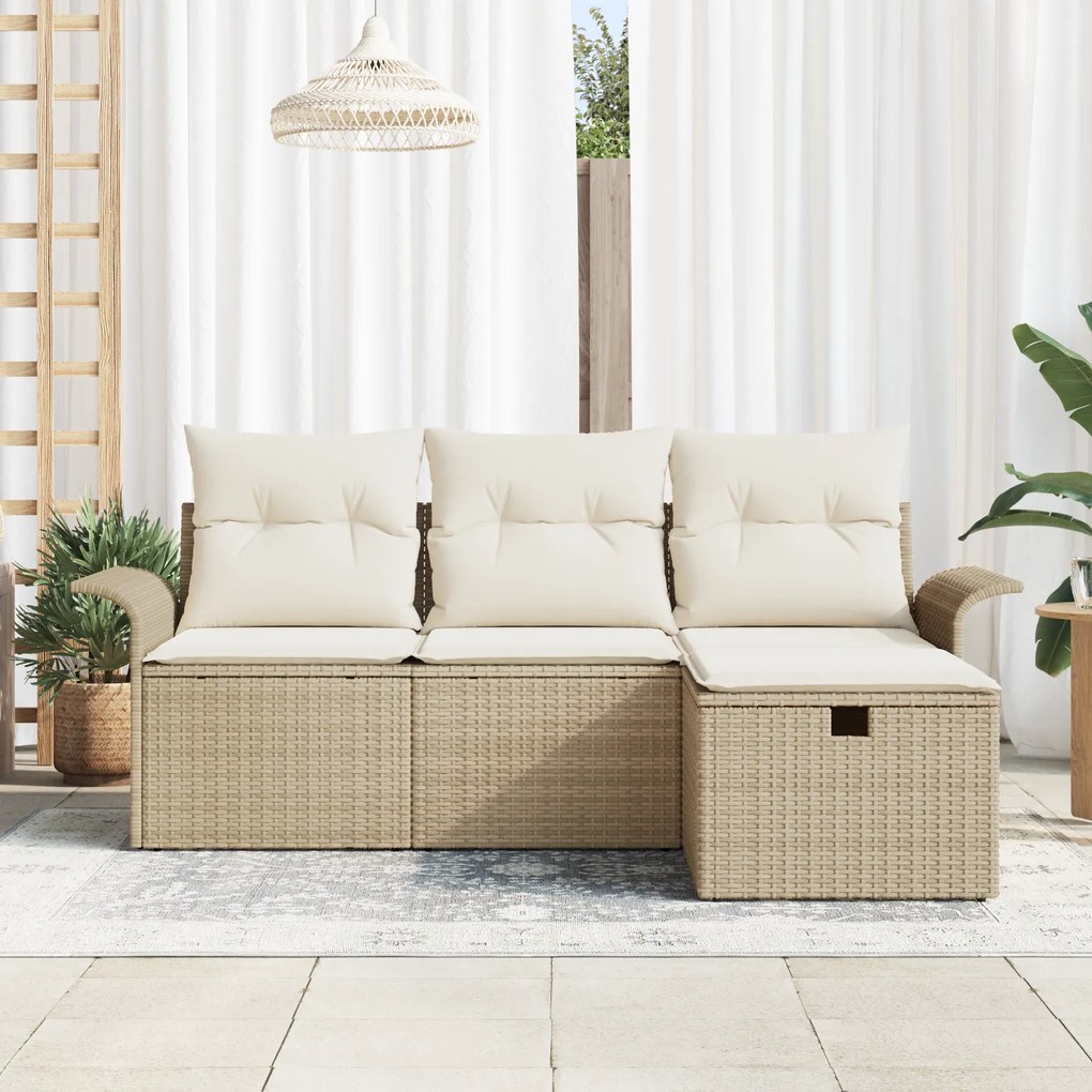 Conjunto de Sofá de Jardim de 4 Peças com Almofadas Bege Vime Poliéste