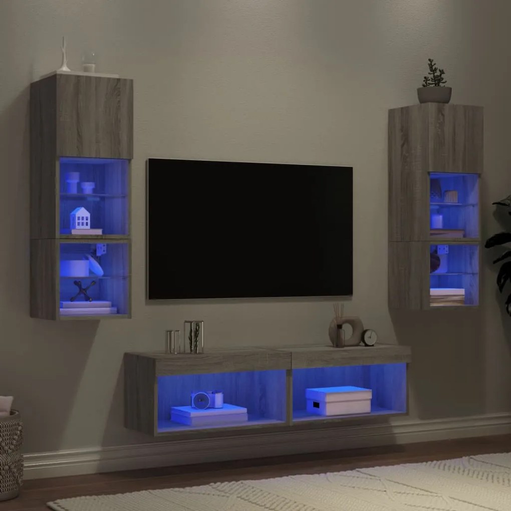 vidaXL 6 pcs móveis parede p/ TV c/ LEDs deriv. madeira cinza sonoma