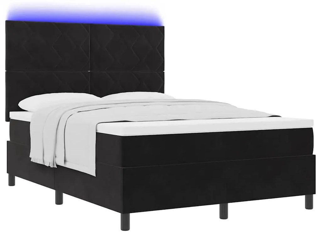 Cama com Caixa de Molas com Colchão &amp; LED Preto 140x200 cm Veludo