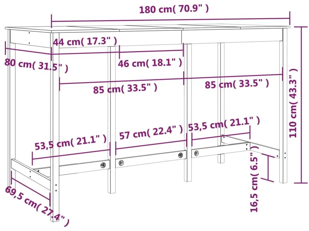 Mesa de bar 180x80x110 cm madeira de pinho maciça