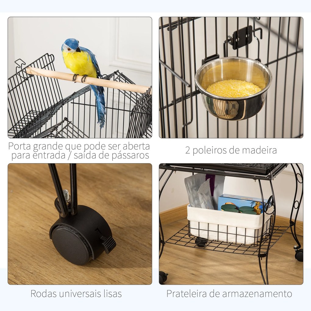 PawHut Gaiola para Pássaros com Suporte Rodas Bandeja Amovível 2 Comed