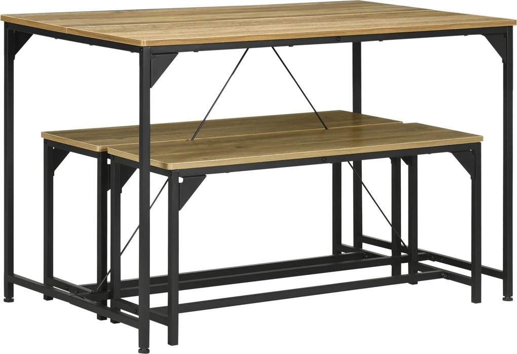 Conjunto de mesa de jantar e 2 bancos com estrutura em aço para 4 pessoas, para cozinha, sala de jantar e sala de estar, em tons naturais e pretos