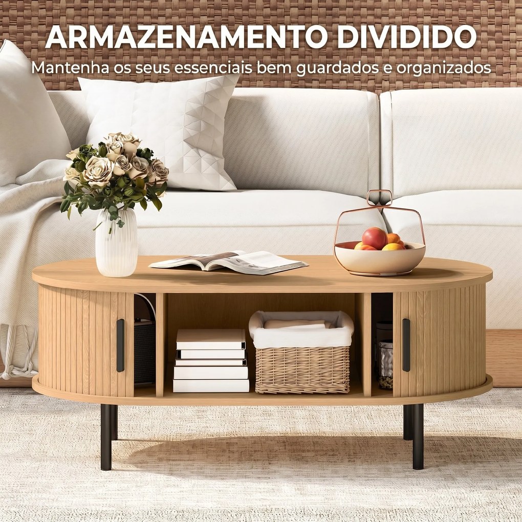 Mesa de Centro com Portas Deslizantes Mesa de Café Oval com Armazenamento Oculto 100x55x40 cm Natural
