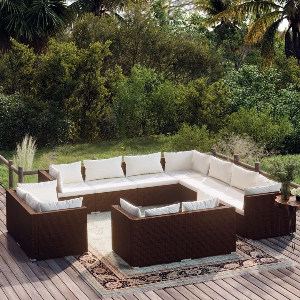 vidaXL 11 pcs conjunto lounge de jardim c/ almofadões vime PE castanho