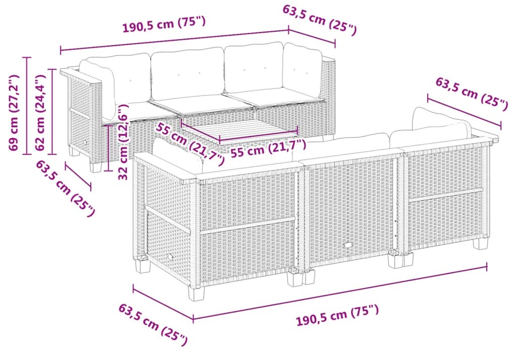 7 pcs conjunto sofás p/ jardim c/ almofadões vime PE cinzento