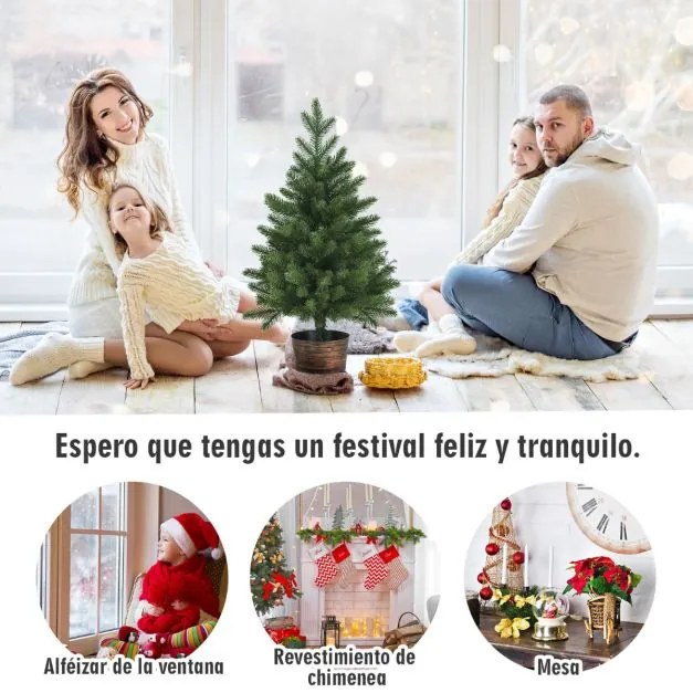 Árvore de Natal Artificial de 60 cm para Secretária Não Iluminada com 50 Ramos Base com Vaso Verde