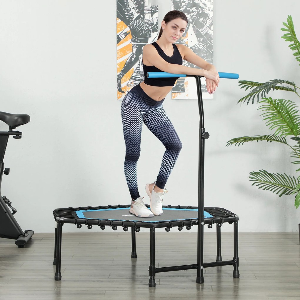 Trampolim Fitness 114x114x132 cm com Guiador Ajustável em 3 Níveis Estrutura de Aço para Treino de Perna Corpo Azul