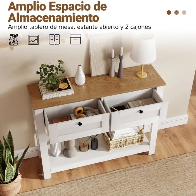 Mesa Consola Estilo Rústico 106 x 30 x 81,5 cm com 2 Gavetas e Prateleira de Armazenamento para Sala de Estar, Cozinha ou Sala de Jantar Branca