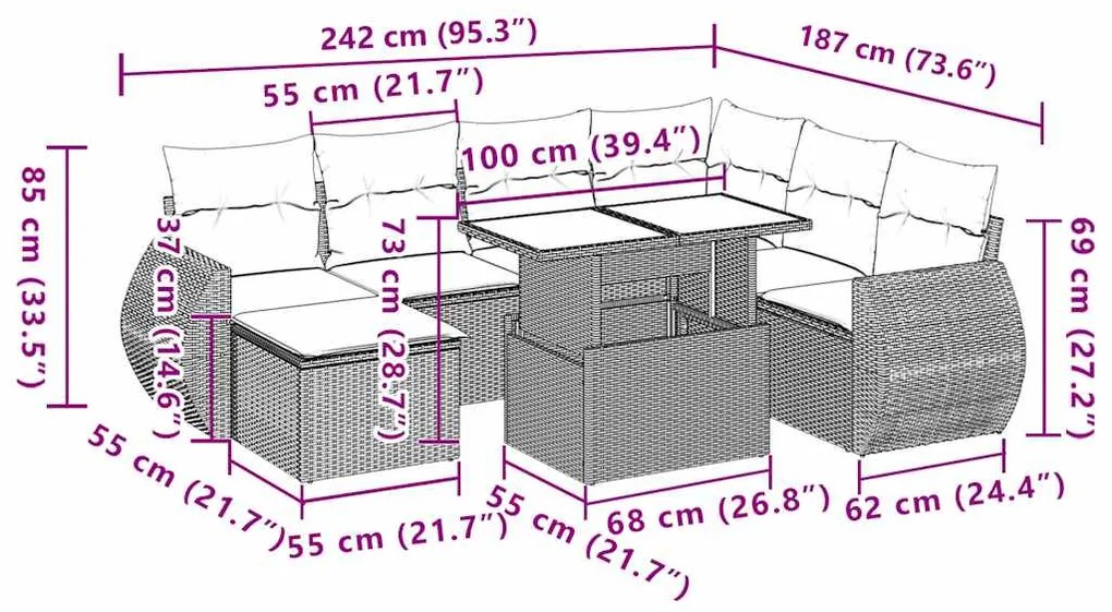 8 pcs conj. sofás jardim c/ almofadões vime PE cinzento-claro