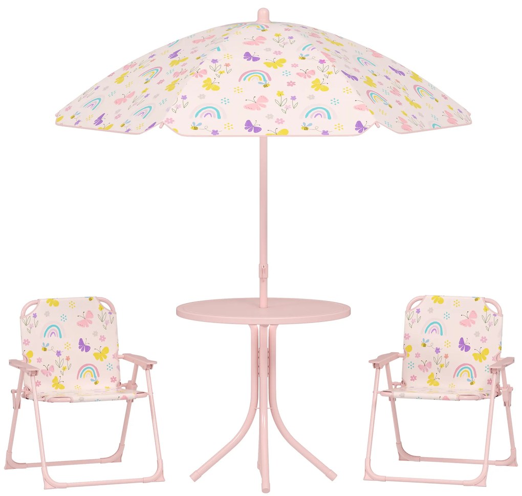 AIYAPLAY Conjunto Mesa Cadeiras Crianças Jardim Cadeiras Dobráveis Chapéu de Sol Ajustável Tema Raposas Cor Rosa | Aosom Portugal