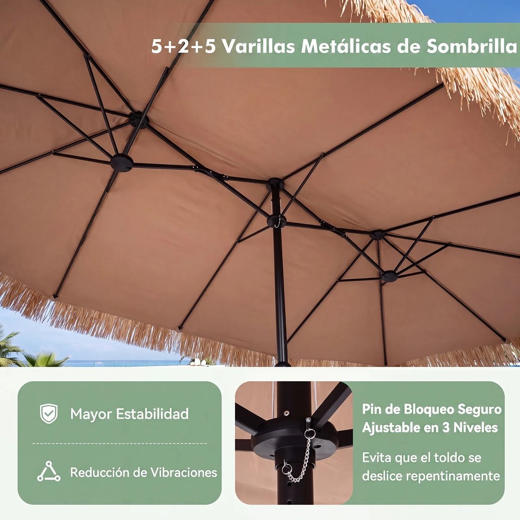 Guarda-sol Duplo para Jardim, 450 x 270 x 252 cm, Cobertura de Palha de PE, Castanho
