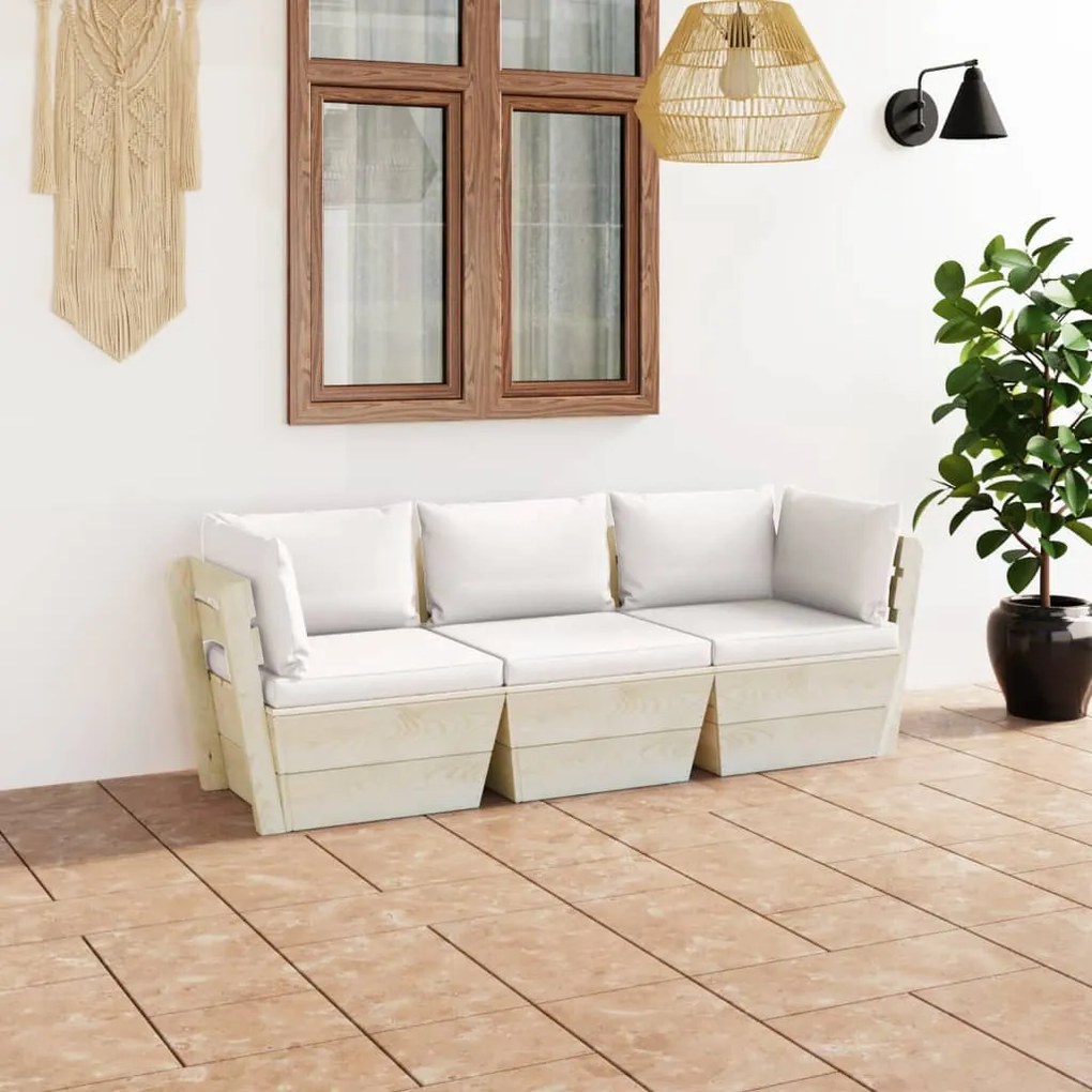 vidaXL Sofá paletes 3 lugares p/ jardim c/ almofadões madeira de abeto