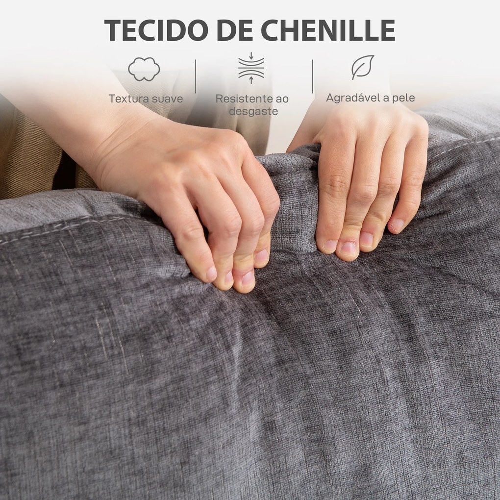Sofá de 3 Lugares Sofá Sala de Estar 213x80x90 cm Estofado em Chenille Estrutura de Aço e Desenho Moderno Cinzento