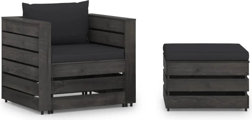 vidaXL 2 pcs conj. lounge jardim + almofadões madeira impreg. cinzento