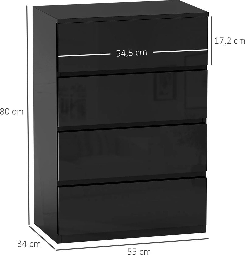 Cómoda com 4 Gavetas de Madeira Cómoda de Dormitório Cómoda Branca para Sala de Estar Estilo Moderno 55x34x80 cm Preto