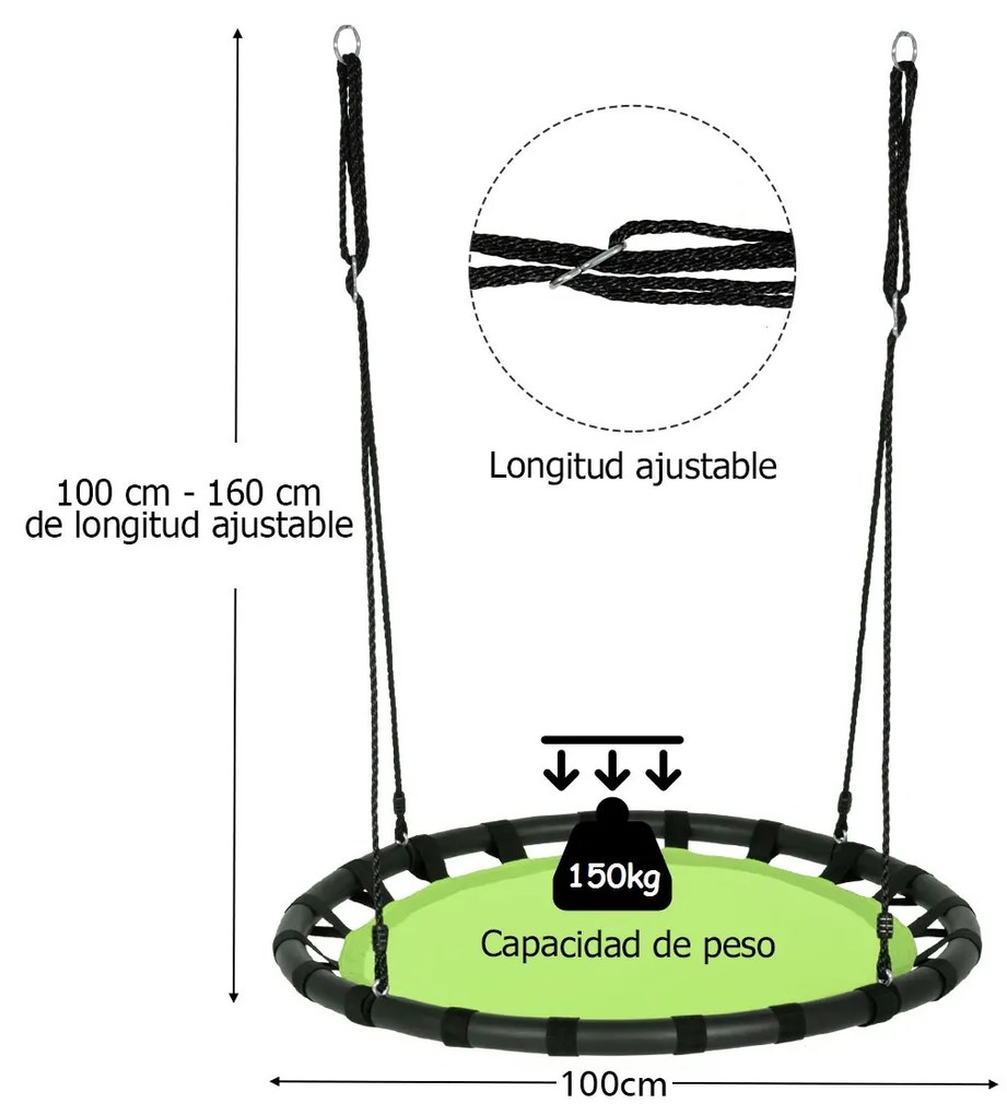 Baloiço Infantil Crianças redondo 100 cm com Altura ajustável 100-160 cm para Jardim e Árvores e Verde