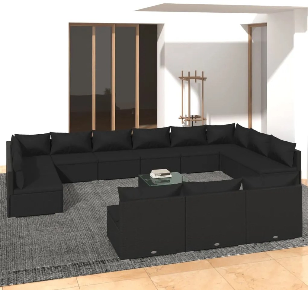 vidaXL 14 pcs conjunto lounge de jardim c/ almofadões vime PE preto