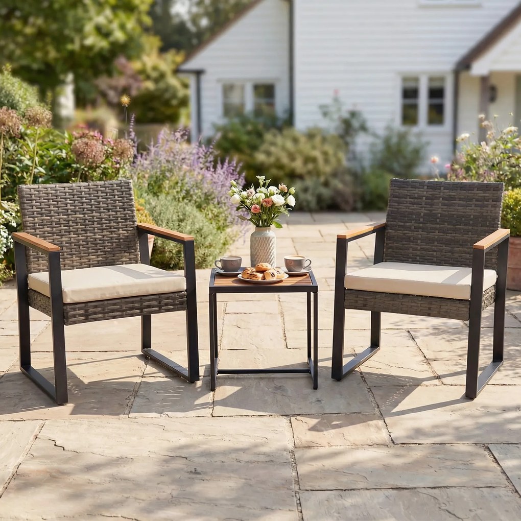 Conjunto de Mesa e 2 Cadeiras de Jardim, 40 x 40 x 40 cm, Design Ergonómico, Bege / Castanho / Preto