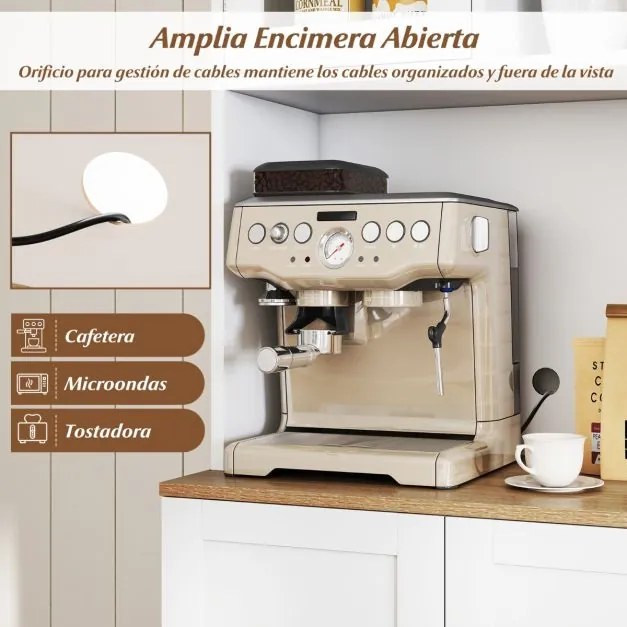 Armário multifuncional cozinha, prateleiras ajustáveis, porta de vidro 60 x 35 x 170 cm Branco