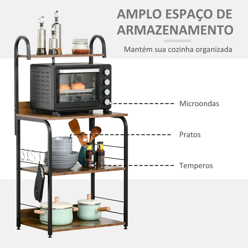 Estante de Cozinha Estante para Microondas com 4 Níveis Ganchos e Pés Ajustáveis Estante de Armazenamento 60x40x125 cm Castanho Rústico